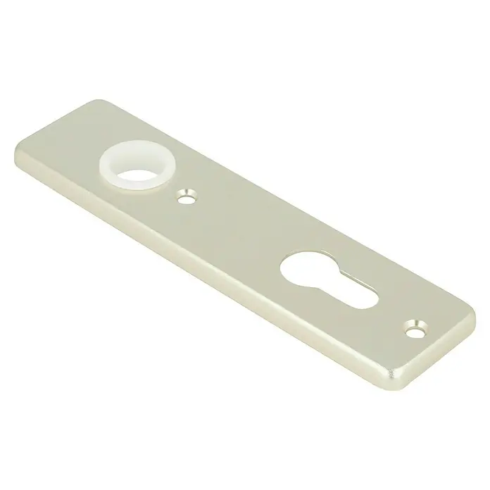 Portaferm Kurzschild - Distanznorm: 72 mm, Profilzylinder, Neusilber, Eckig - Nahaufnahme einer Türschild-Rosette aus Metall mit einem Schlüsselloch und einer weißen Kunststoffhülse auf schwarzem Hintergrund.