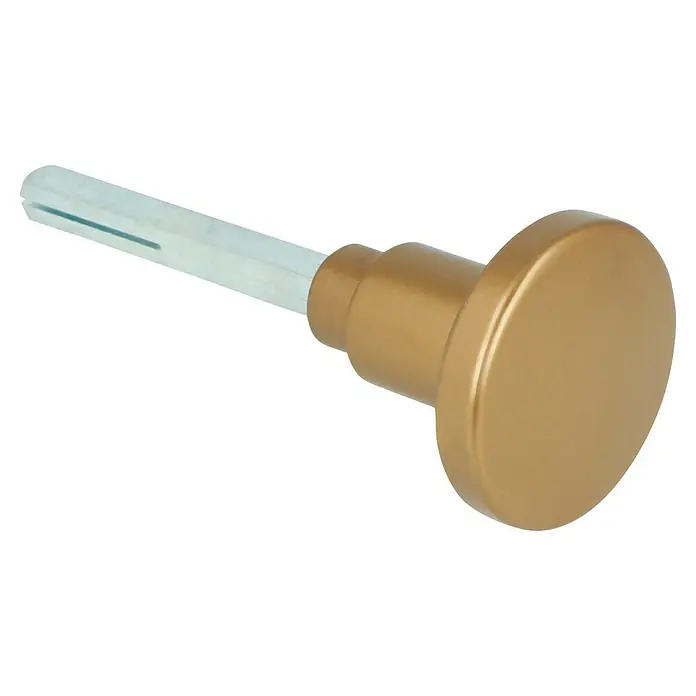 Portaferm Knopfdrücker - Vierkantstift: 8 mm, Bronze - Nahaufnahme eines Drehknopfes in Goldoptik mit Befestigungsstift, ideal für Möbel oder Schränke.