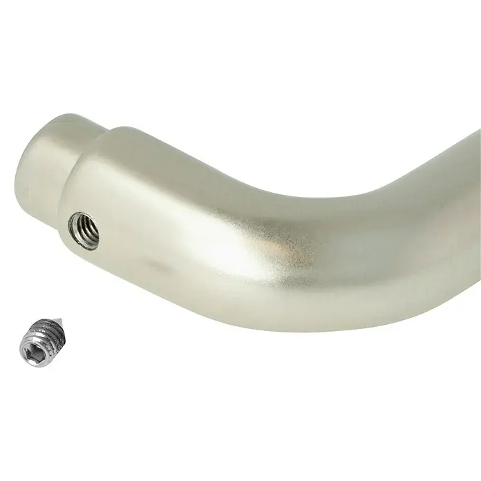 Portaferm Drückerlochteil - Vierkantstift: 8 mm, Neusilber, U-Form - Nahaufnahme eines gebogenen, silberfarbenen Metallstücks mit Gewinde und einer Schraube, ideal für Bau- und Reparaturprojekte.