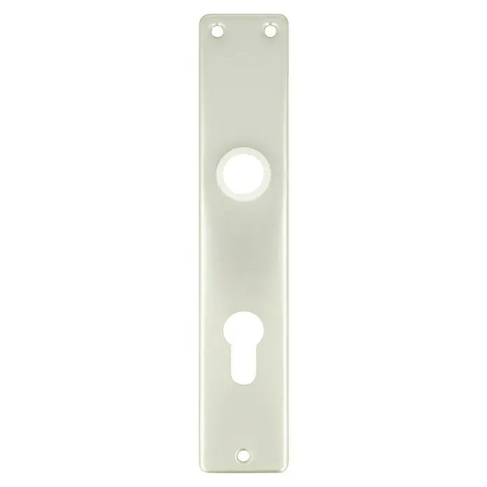 Portaferm Langschild - Distanznorm: 72 mm, Profilzylinder, Neusilber, Eckig - Ein hochformatiges Bild einer weißen Türschildabdeckung mit Löchern für Griffe, Schlüssel und Befestigungsschrauben.