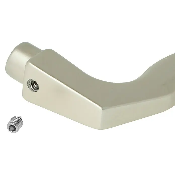 Portaferm Drückerlochteil - Vierkantstift: 8 mm, Neusilber, Fingerform - Nahaufnahme eines modernen Türgriffs aus gebürstetem Nickel mit einer Madenschraube zur Befestigung.