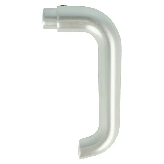Portaferm Drückerlochteil - Vierkantstift: 8 mm, Silber, U-Form - Ein silberfarbener Türgriff in J-Form mit glatter Oberfläche und abgerundeten Ecken, ideal für moderne Inneneinrichtungen.