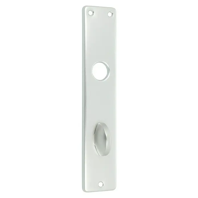 Portaferm WC-Drückergarnitur - Schlitzkopf/Olive, Aluminium, Silber - Nahaufnahme einer Türschildgarnitur in Silber, bestehend aus einer länglichen Platte mit Löchern und einem Drehknopf.