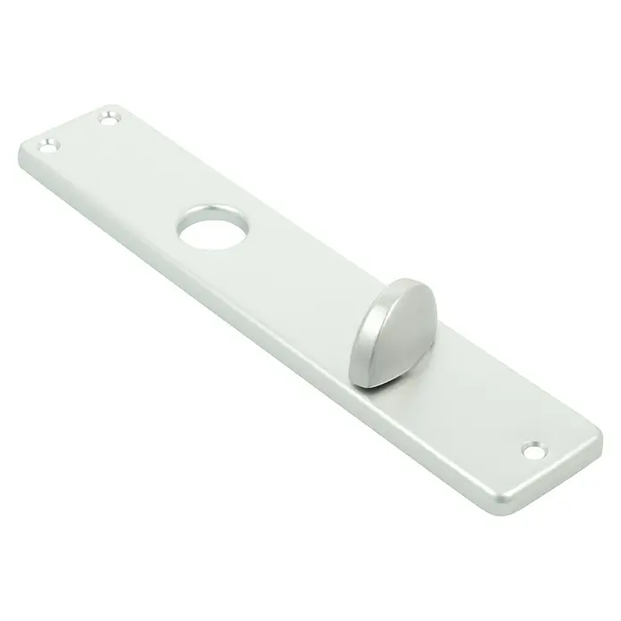 Portaferm WC-Drückergarnitur - Schlitzkopf/Olive, Aluminium, Silber - Nahaufnahme einer silbernen Türbeschlagplatte mit Schraubenlöchern und einem Drehknopf, die auf einem schwarzen Hintergrund liegt.