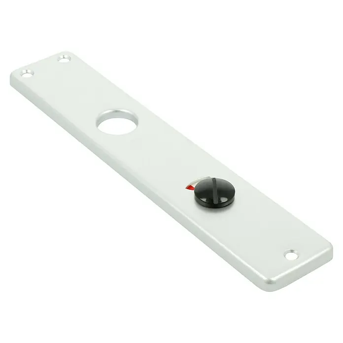 Portaferm WC-Drückergarnitur - Schlitzkopf/Olive, Aluminium, Silber - Nahaufnahme einer silbernen Abdeckplatte mit einem schwarzen Knopf und Befestigungslöchern.