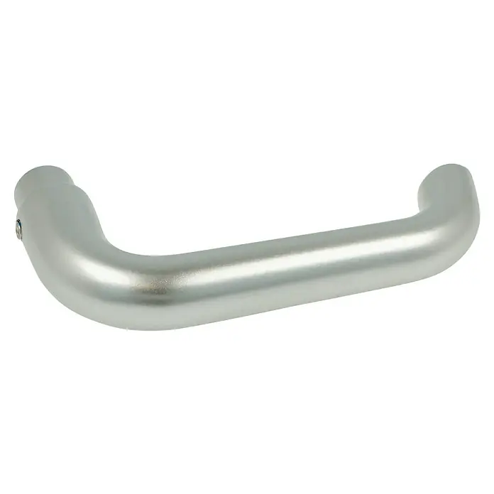 Portaferm Drückerlochteil - Vierkantstift: 8 mm, Silber, U-Form - Ein glänzender, silberfarbener Türgriff mit geschwungener Form und einem Befestigungspunkt, ideal für moderne Inneneinrichtungen.