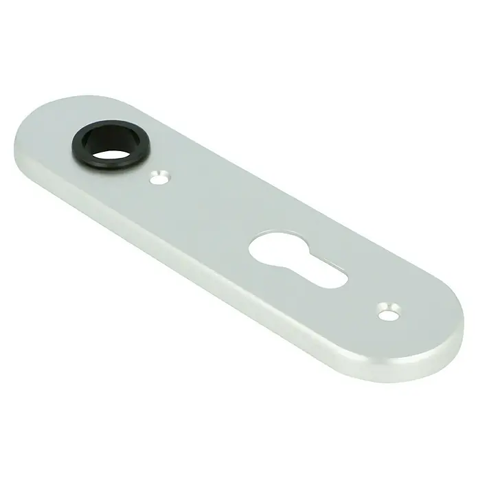 Portaferm Kurzschild - Distanznorm: 72 mm, Profilzylinder, Silber, Oval - Nahaufnahme einer silbernen Türrosette mit Schlüsselloch und zwei runden Aussparungen auf schwarzem Hintergrund.