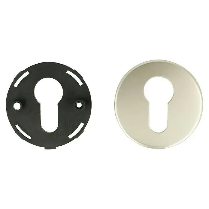 Portaferm Schlüsselschild - Durchmesser Rosette: 55 mm, Profilzylinder, Neusilber - Schlüsselrosetten in Schwarz und Silber. Die schwarzen Schlüsselrosette hat Aussparungen und Befestigungspunkte.