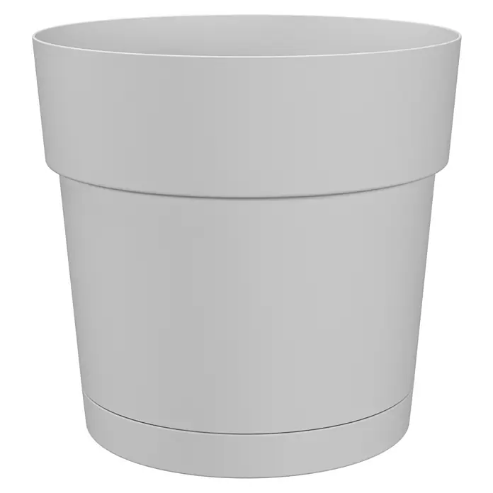 Artevasi Capri Pflanztopf - Außenmaß (Ø x H): 34,6 x 33,2 cm, Kunststoff, Weiß - Nahaufnahme eines schlichten, grauen Blumentopfs mit breitem Rand und flachem Sockel, ideal für Zimmerpflanzen und Gartenliebhaber.