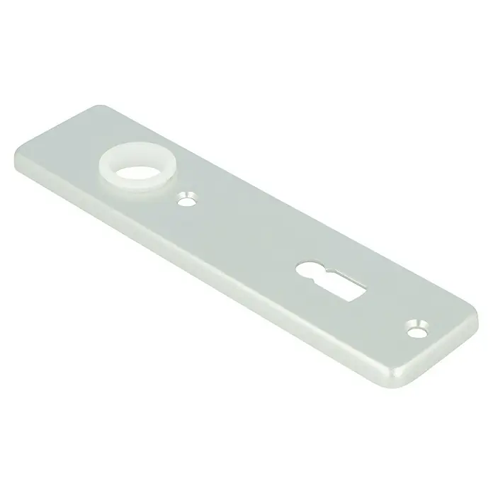 Portaferm Kurzschild - Distanznorm: 72 mm, Buntbart, Silber, Eckig - Das Bild zeigt eine silberne Türschildgarnitur mit einem Schlüsselloch, einem Drehknauf und einer Schraubenbefestigung auf schwarzem Hintergrund.