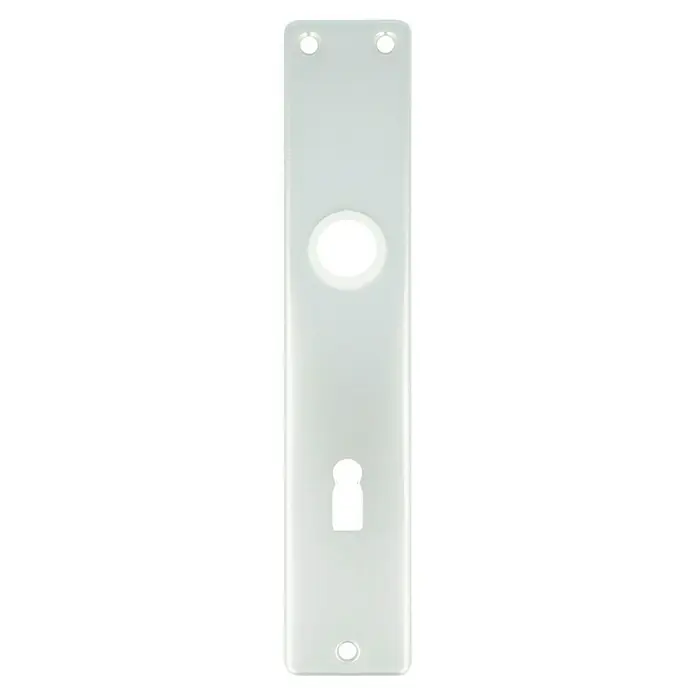 Portaferm Langschild - Distanznorm: 72 mm, Buntbart, Silber, Eckig - Silberne Langschildgarnitur mit Schlüsselloch und Knauföffnung, ideal für Innentüren. Robust und stilvoll, wertet jede Tür auf.