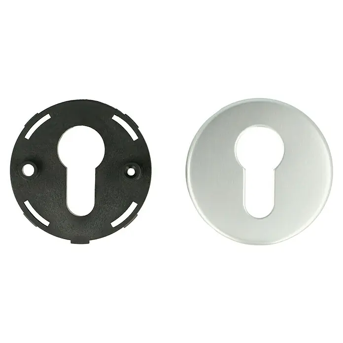 Portaferm Schlüsselschild - Durchmesser Rosette: 55 mm, Profilzylinder, Silber - Schlüssellochabdeckung: Ein Set aus einer schwarzen Basis und einer silbernen Abdeckung für ein elegantes Türfinish.