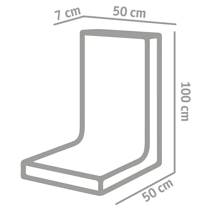 Diephaus L-Stein - 100 cm, 50 cm, Stärke: 7 cm, Grau - Abbildung eines L-förmigen Elements mit den Maßen 100 cm Höhe, 50 cm Tiefe und 7 cm Dicke.