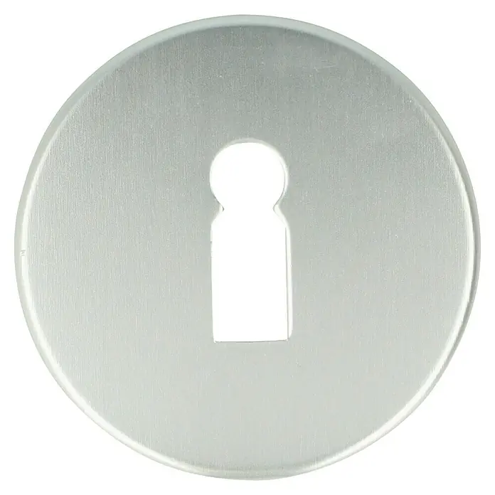 Portaferm Schlüsselschild - Durchmesser Rosette: 55 mm, Buntbart, Silber - Ein silberner Schlüssellochbeschlag, rund und glatt, mit einem Schlüsselloch in der Mitte, vor schwarzem Hintergrund.