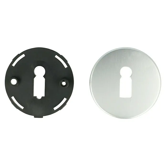 Portaferm Schlüsselschild - Durchmesser Rosette: 55 mm, Buntbart, Silber - Nahaufnahme von zwei Schlüssellochblenden: eine aus schwarzem Kunststoff und eine aus gebürstetem Aluminium, beide mit Schlüssellochform.
