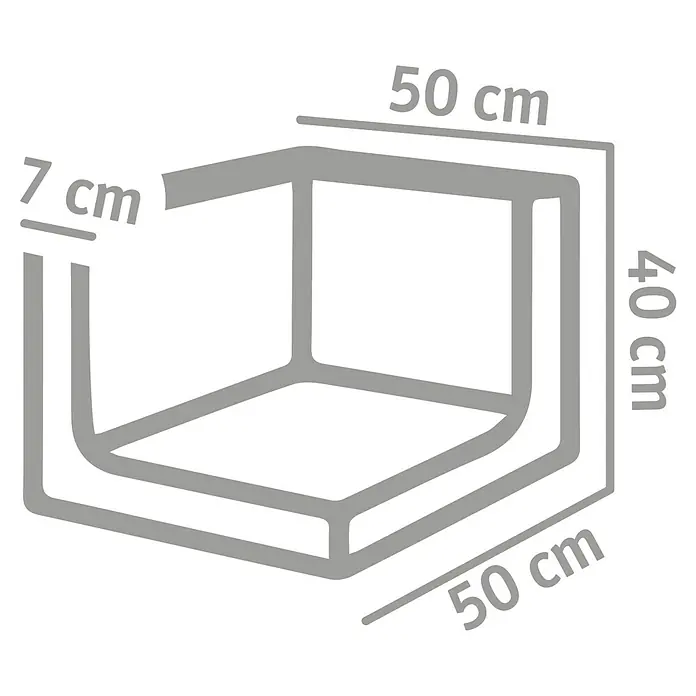 Diephaus L-Stein Außenecke - 40 cm, 50 cm, Stärke: 7 cm, Grau - Darstellung eines dreidimensionalen, kastenförmigen Objekts mit Maßangaben (50 x 50 x 40 cm) und einer Dicke von 7 cm.