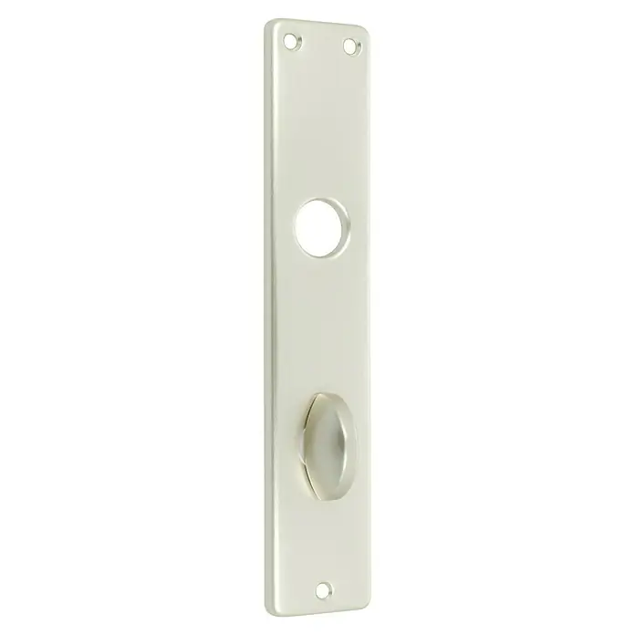 Portaferm WC-Drückergarnitur - Schlitzkopf/Olive, Aluminium, Neusilber - Nahaufnahme einer weißen Türbeschlagplatte mit Knauf, Schlüsselloch und Befestigungslöchern.