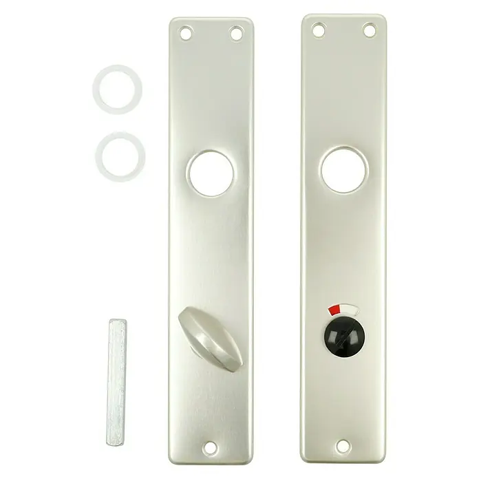 Portaferm WC-DrückergarniturSchlitzkopf/Olive, Aluminium, Neusilber - Das Bild zeigt ein Set für ein WC-Türschloss, bestehend aus zwei Metallplatten, einem Drehknopf, einem Riegel und zwei Dichtungsringen.