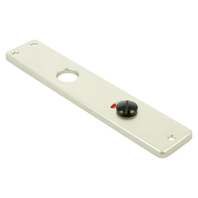 Portaferm WC-DrückergarniturSchlitzkopf/Olive, Aluminium, Neusilber - Nahaufnahme einer länglichen, silberfarbenen Metallplatte mit einem schwarzen Drehknopf und Befestigungslöchern.