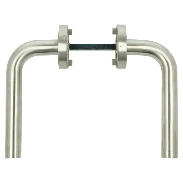 Portaferm Zimmertürgarnitur - L-Form, Edelstahl - Gebogene Türgriffe aus satiniertem Edelstahl. Klassisches Design für moderne Innentüren, robust und langlebig.