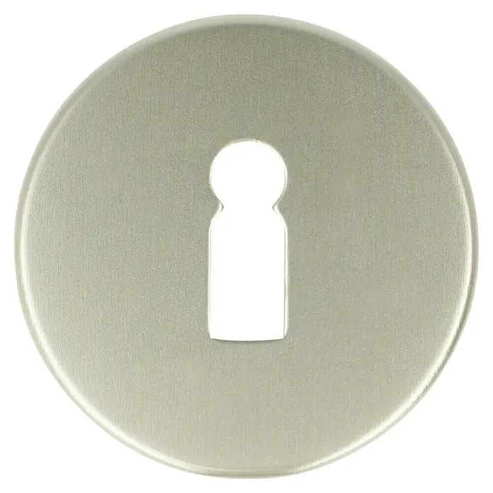 Portaferm Schlüsselschild - Durchmesser Rosette: 55 mm, Buntbart, Neusilber - Nahaufnahme einer Schlüssellochblende aus gebürstetem Metall mit einem stilvollen, modernen Design für erhöhte Sicherheit und Ästhetik.