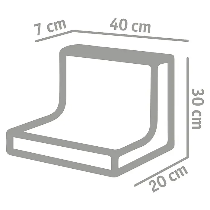Diephaus L-Stein - 30 cm, 40 cm, Stärke: 7 cm, Grau - Abbildung eines L-förmigen Eckprofils mit den Maßen 7 cm x 40 cm, einer Höhe von 30 cm und einer Tiefe von 20 cm.