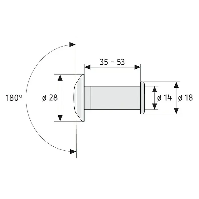 Abus Türspion 2200 - Vergoldet, Messing, Stärke Tür: 35 mm - 53 mm - Technische Zeichnung eines Bolzens mit Kopf und verschiedenen Maßangaben wie Durchmesser und Länge.\n