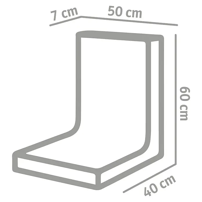 Diephaus L-Stein - 60 cm, 50 cm, Stärke: 7 cm, Grau - Produktbild eines L-förmigen Polstersitzes mit den Maßen 60 cm Höhe, 50 cm Breite, 40 cm Tiefe und einer Polsterdicke von 7 cm.