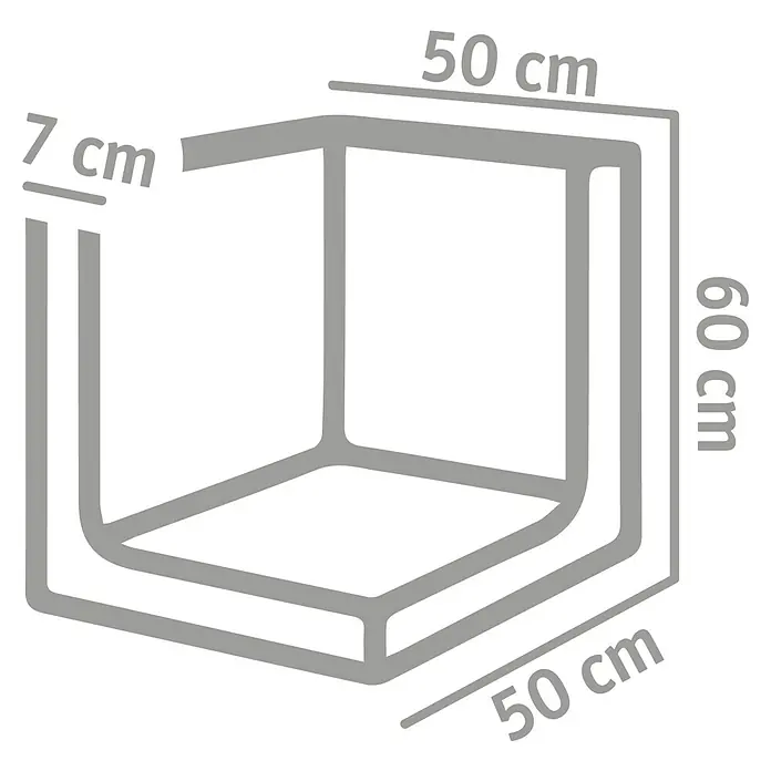Diephaus L-Stein Außenecke - 60 cm, 50 cm, Stärke: 7 cm, Grau - Abbildung einer Duschkabine mit den Maßen 50 x 50 x 60 cm und einer Rahmenbreite von 7 cm, dargestellt in einer technischen Zeichnung.