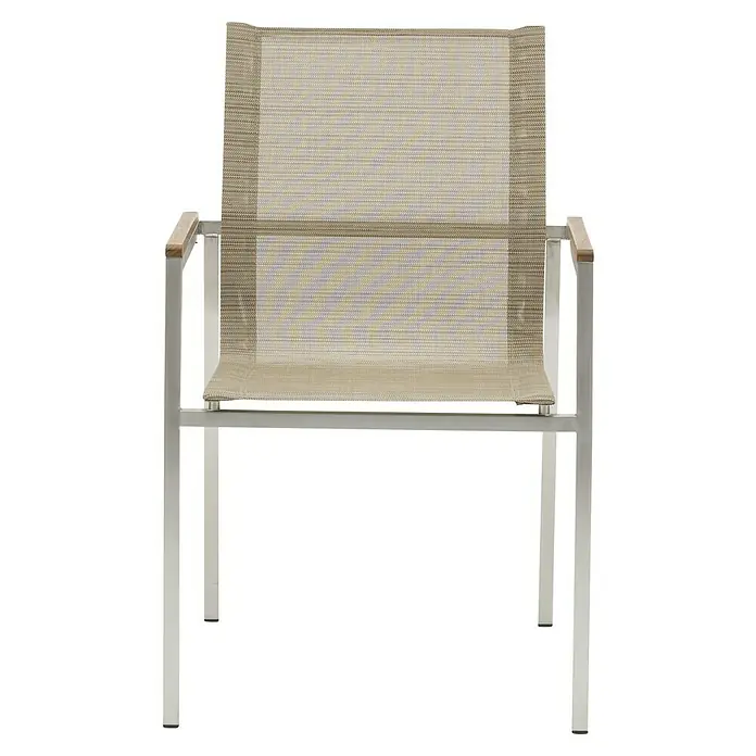Silla de jardín Betty - An x Pr x Al: 55 x 56 x 86 cm, Beige, Acero/Textiline - Mueble de exterior elegante: Una silla de salón con estructura plateada y tapicería beige para horas de relax al aire libre.