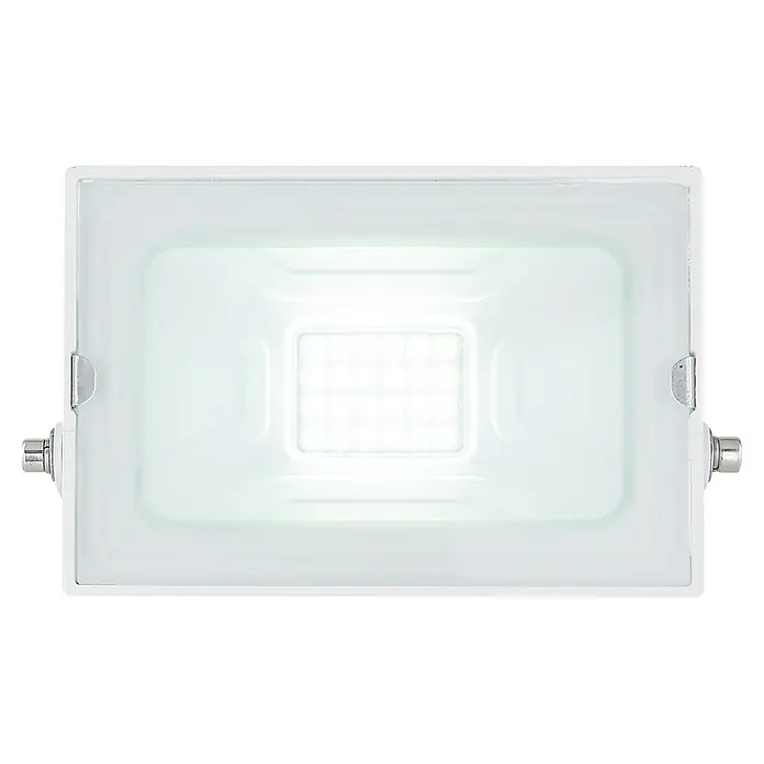 Globo LED-Strahler Helga - 20 W, Weiß, Kaltweiß - Nahaufnahme eines weißen LED-Strahlers mit hellem Licht und minimalistischem Design, ideal für moderne Beleuchtungskonzepte.