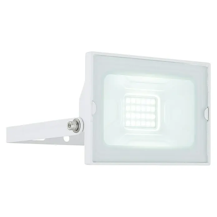Globo LED-Strahler Helga - 20 W, Weiß, Kaltweiß - Nahaufnahme einer weißen LED-Flutlichtlampe mit quadratischer Form und einer Halterung.