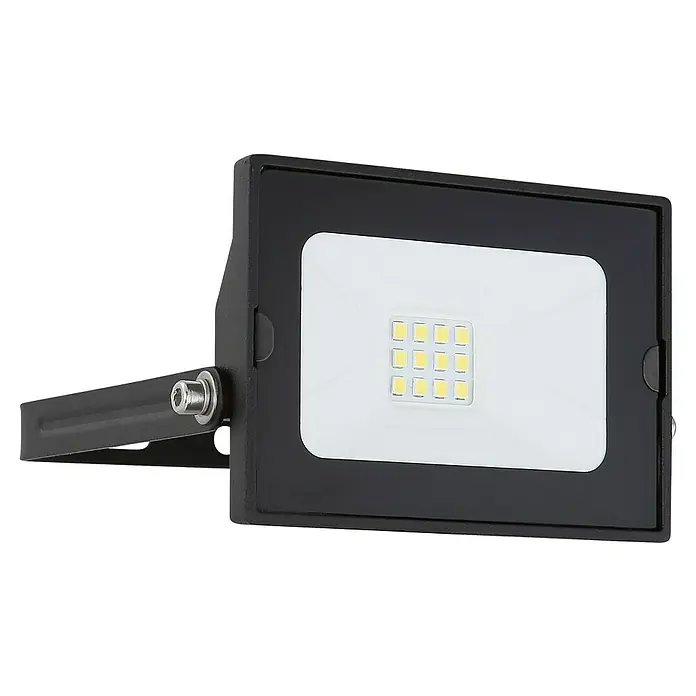 Globo LED-Strahler Helga - 10 W, Schwarz, Kaltweiß - Nahaufnahme eines LED-Strahlers mit schwarzem Gehäuse und Montagebügel für den Außenbereich.