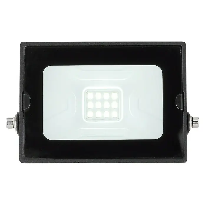 Globo LED-Strahler Helga - 10 W, Schwarz, Kaltweiß - Nahaufnahme einer LED-Flutlichtanlage mit schwarzem Gehäuse und heller, rechteckiger Lichtquelle in der Mitte. Ideal für Außenbereiche.
