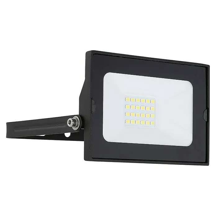 Globo LED-Strahler Helga - 20 W, Schwarz, Kaltweiß - Nahaufnahme einer schwarzen LED-Außenleuchte mit rechteckigem, weißem Diffusor und verstellbarer Halterung vor schwarzem Hintergrund.