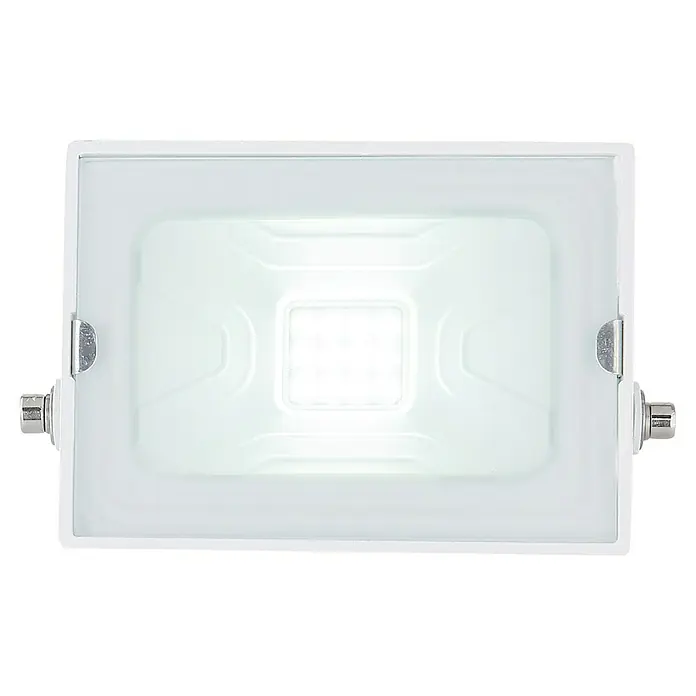 Globo LED-Strahler Helga - 10 W, Weiß, Kaltweiß - Nahaufnahme eines weißen LED-Strahlers mit silbernen Halterungen. Ideal für Außenbereiche, bietet helle und energieeffiziente Beleuchtung.