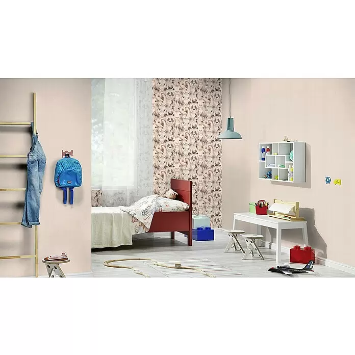 Rasch Bambino XIX Vliestapete - Beigerosa, Uni, 10,05 x 0,53 m - Tapete mit wiederkehrendem Tiermuster in einem Kinderzimmer, die eine verspielte und natürliche Atmosphäre schafft.