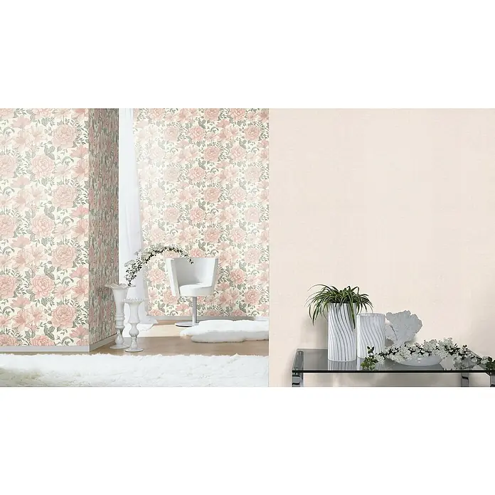 Rasch Bambino XIX Vliestapete - Beige, Uni, 10,05 x 0,53 m - Einrichtungsidee mit floral gemusterter Tapete in Altrosa und weißen Möbeln, die einen Hauch von Vintage-Charme und Eleganz versprüht.
