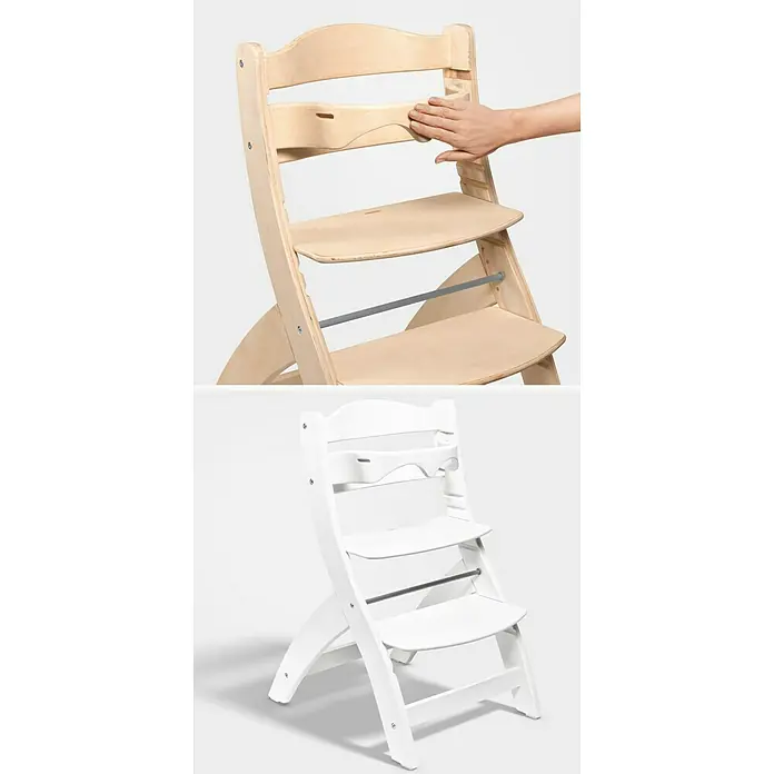 SCHÖNER WOHNEN-Farbe Pep up Renovierfarbe für Kindermöbel und -spielzeug - Weiß, 1 l, Seidenmatt - Ein verstellbarer Kinderhochstuhl aus Holz wird in zwei Farben gezeigt: Naturholz und Weiß. Der Stuhl ist für Komfort und Sicherheit konzipiert.
