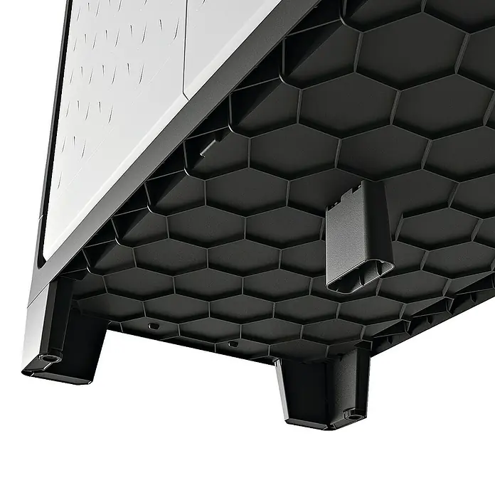 Regalux Space Line Kunststoff-Mehrzweckschrank Multispace - L x B x H: 44 x 80 x 182 cm - Detailaufnahme der Unterseite eines Schranks, die die Struktur und die Füße des Möbels zeigt. Die sechseckige Bauweise sorgt für Stabilität.