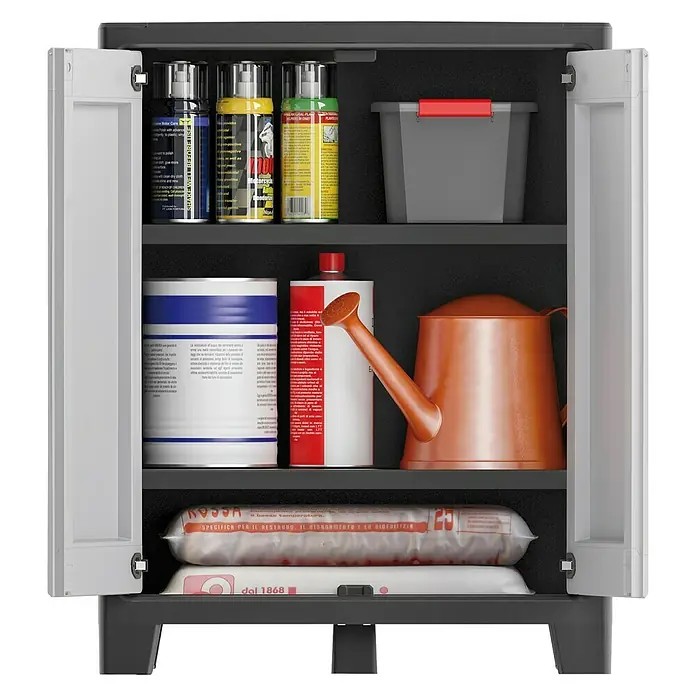 Regalux Space Line Kunststoff-Mehrzweckschrank - L x B x H: 44 x 80 x 100 cm, Anzahl Türen: 2 Stk., Grau/Schwarz - Die geöffnete Aufbewahrungsschrank mit verschiedenen Artikeln bietet viel Stauraum und ist ideal für Garage und Keller.