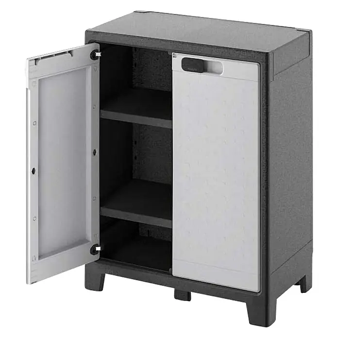 Regalux Space Line Kunststoff-Mehrzweckschrank - L x B x H: 44 x 80 x 100 cm, Anzahl Türen: 2 Stk., Grau/Schwarz - Grauer Kunststoff-Gartenschrank mit zwei Ablagen, eine Tür geöffnet, die andere geschlossen. Ideal für die Aufbewahrung im Außenbereich.