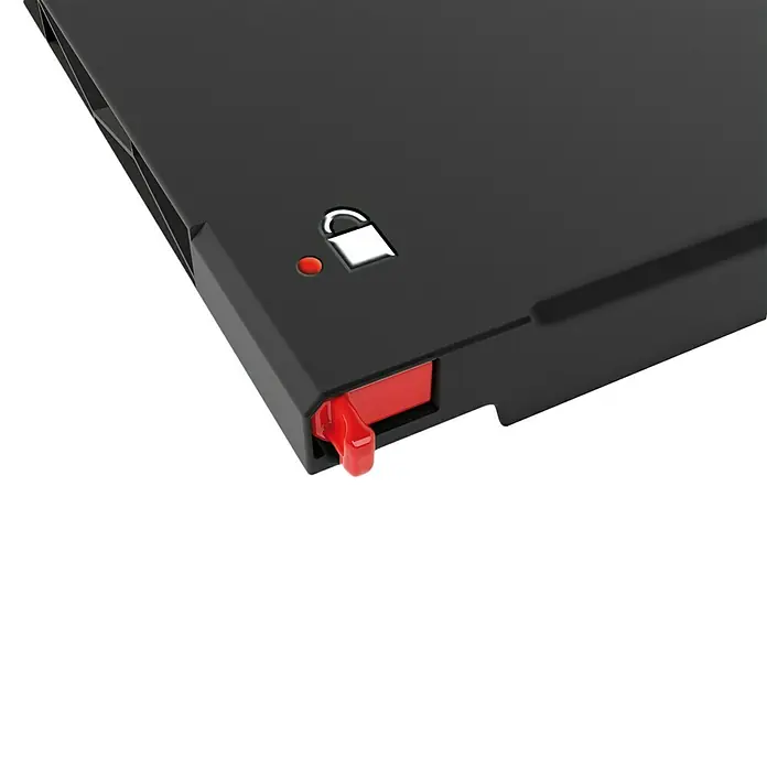 Regalux Space Line Kunststoff-Mehrzweckschrank - L x B x H: 44 x 80 x 182 cm, Anzahl Türen: 2 Stk., Grau/Schwarz - Ansicht einer Laptop-Dockingstation mit rotem Entriegelungshebel, einer LED-Anzeige und einem Sicherheitsschloss.