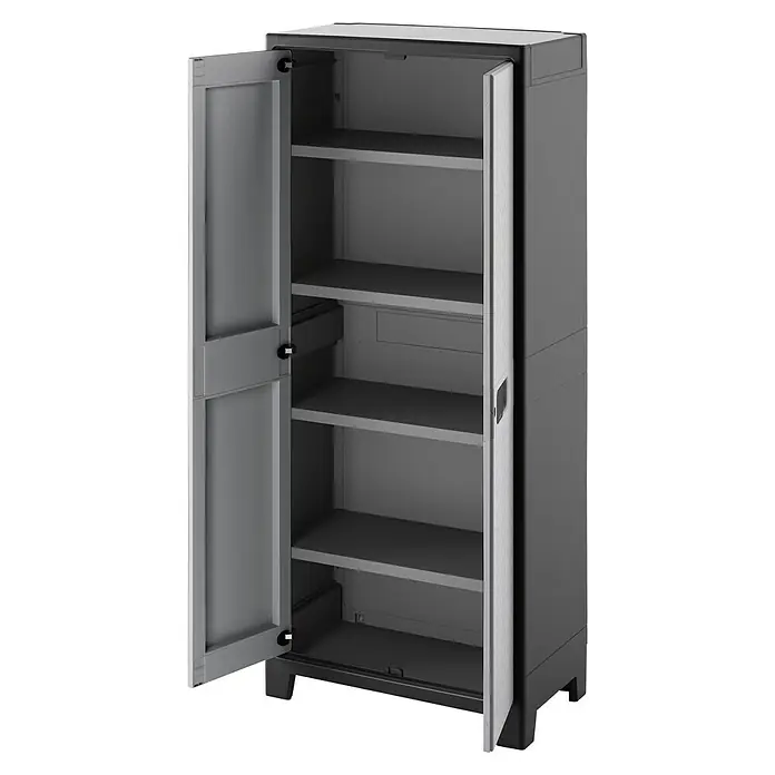 Regalux Space Line Kunststoff-Mehrzweckschrank - L x B x H: 44 x 80 x 182 cm, Anzahl Türen: 2 Stk., Grau/Schwarz - Grauer Kunststoffschrank mit offenen Türen und Einlegeböden für zusätzlichen Stauraum.