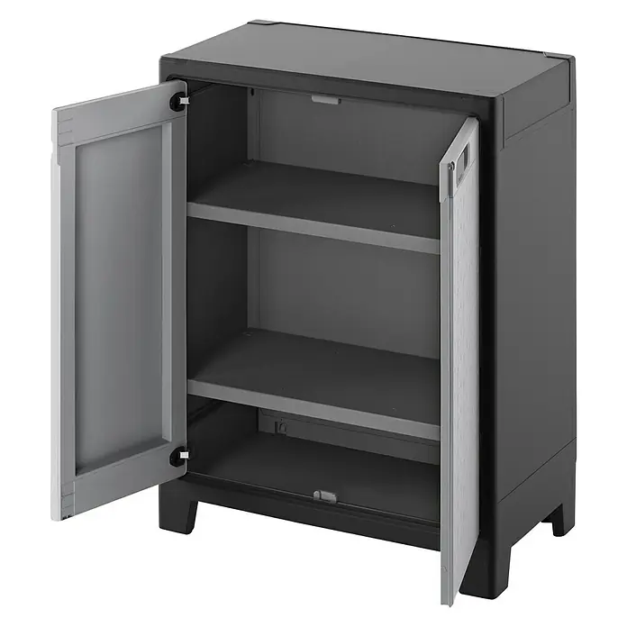 Regalux Space Line Kunststoff-Mehrzweckschrank - L x B x H: 44 x 80 x 100 cm, Anzahl Türen: 2 Stk., Grau/Schwarz - Aufnahme eines grauen Schrankes mit geöffneten Türen, der drei Regale offenbart. Ideal für Stauraum im ganzen Haus.
