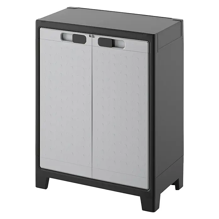 Regalux Space Line Kunststoff-Mehrzweckschrank - L x B x H: 44 x 80 x 100 cm, Anzahl Türen: 2 Stk., Grau/Schwarz - Ein grauer Kunststoff-Schuhschrank mit zwei Türen, ideal zur Aufbewahrung und Organisation von Schuhen im Eingangsbereich oder Flur.