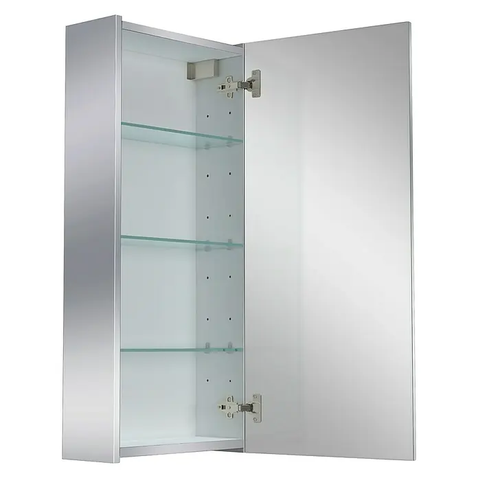 Camargue Espacio Spiegelschrank - B x H: 40 x 90 cm, Ohne Beleuchtung - Ein offener Spiegelschrank mit silbernem Rahmen und Glasböden bietet viel Stauraum im Badezimmer.