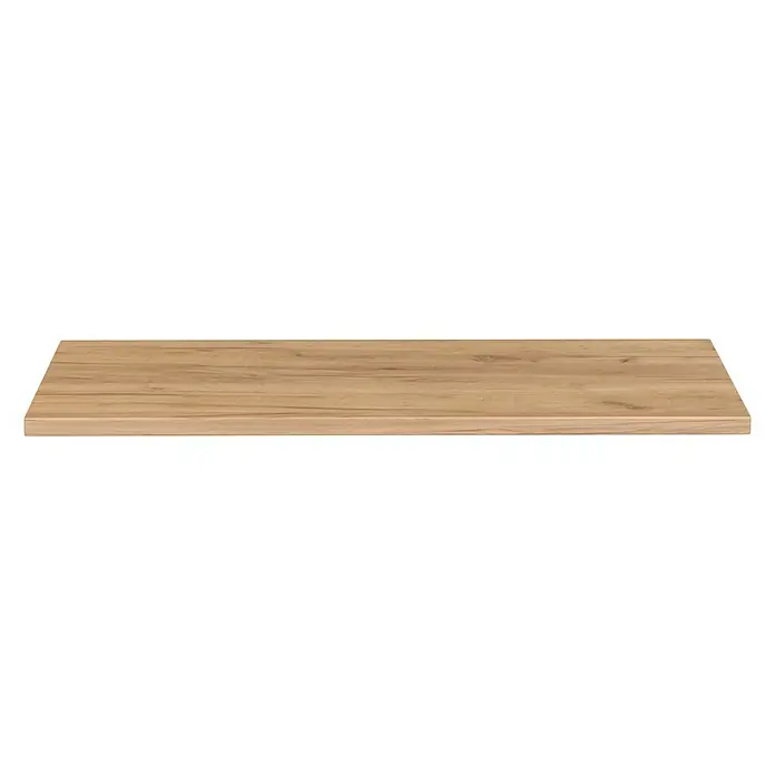 Camargue Espacio Waschtischplatte - 120 x 46 x 3,2 cm, Doce - Ein rechteckiges, hellbraunes Regalbrett aus Holz mit einer sichtbaren Maserung vor einem schwarzen Hintergrund.