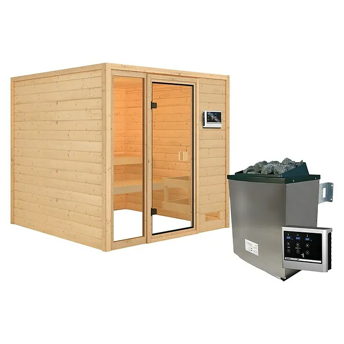 Karibu Massivholzsauna Jutta - L x B x H: 196 x 196 x 187 cm, Mit 9 kW Ofen mit externer Steuerung, Ohne Dachkranz - Eine modulare Sauna mit klaren Glastüren und einem modernen Saunaofen mit Bedienelementen, ideal für Wellness zu Hause.