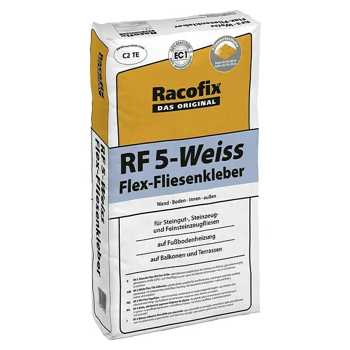 Racofix Flexkleber RF 5 - 25 kg, Weiß - Abbildung einer Packung Racofix RF 5-Weiss Flex-Fliesenkleber, ideal für Wand- und Bodenfliesen, sowohl innen als auch aussen.
